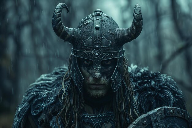 Photo a man in a rain storm with a sword and horns