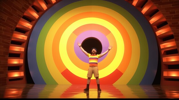Photo a man in a rainbow colored shirt stands on a stage with his arms up.