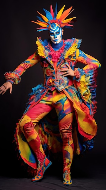 A man in a rainbow costume with a large smile on his face.