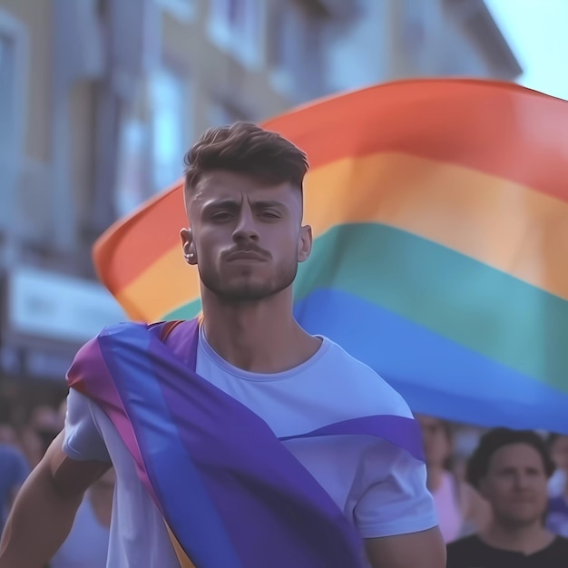 A man in a rainbow flag walks in a parade.