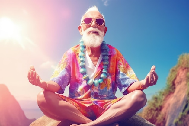 A man in a rainbow shirt sits in lotus position with the sun behind him