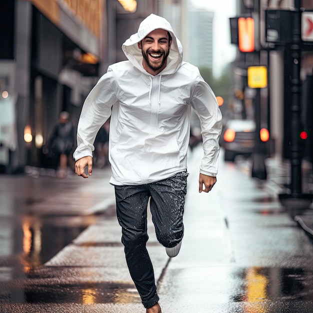 a man in a raincoat is walking down the street