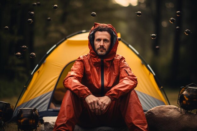 a man in a raincoat sits in front of a tent.