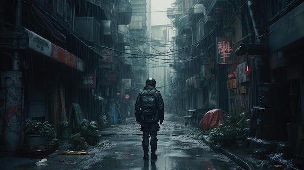 A man in a raincoat stands in a dark street with a sign that says'ghost in the shell '