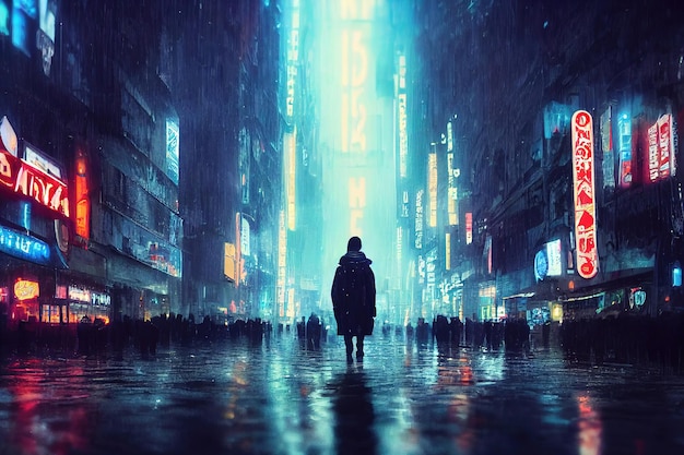 A man in a raincoat walks down the street of the city of the future in the rain