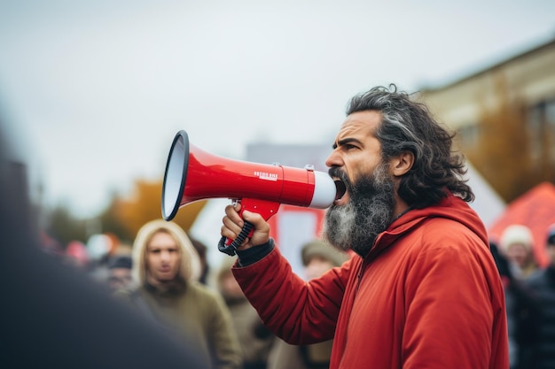 Foto un uomo a un raduno con un megafono rosso