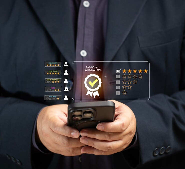 Photo man rates satisfaction using smartphone via virtual screen concept of service satisfaction
