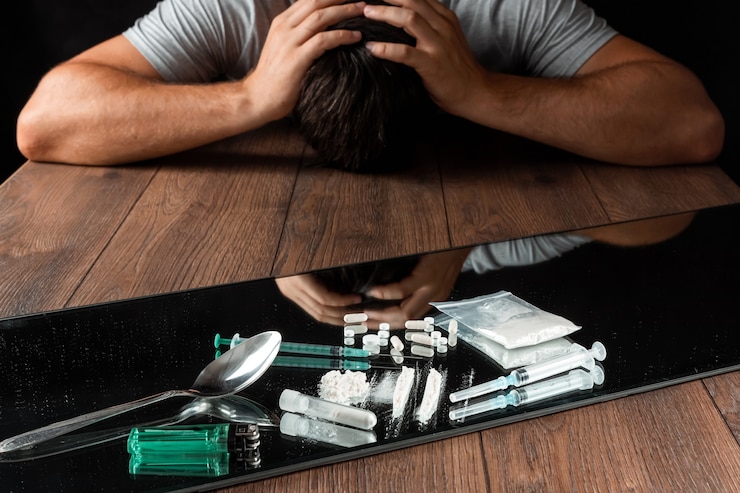 Photo a man reaches for drugs. the fight against drug addiction.