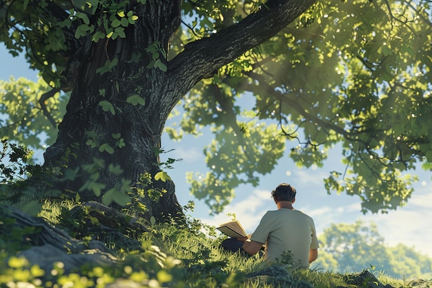 사진 그늘진 나무 에서 책을 읽는 남자