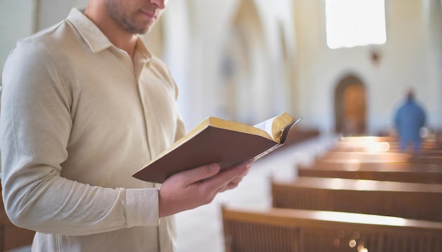 写真 教会で聖書を読んでいる男