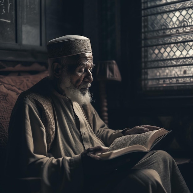 A man reading a book by a window with the words " the word " on it. "