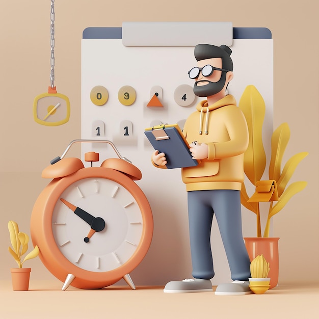 a man reading a book next to a clock with the word  s  on it