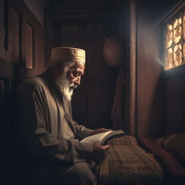 A man reading a book in a dark room with a window behind him.