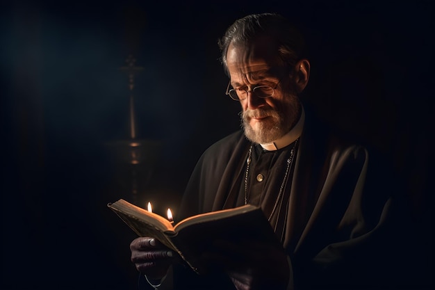 A man reading a book in a dark room.