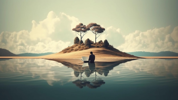 Фото Человек читает книгу в пейзажном сюрреалистическом минимализме