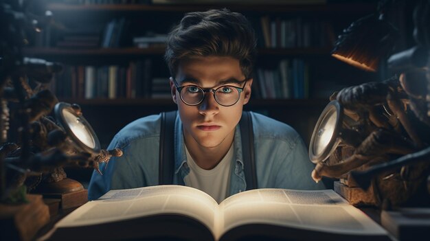 Foto uomo che legge un libro in biblioteca tornato a scuola