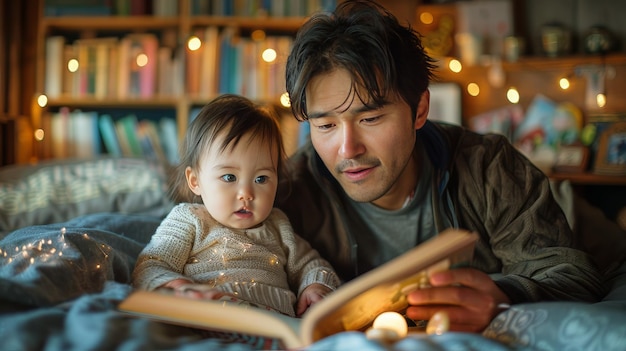 Photo man reading book to little boy