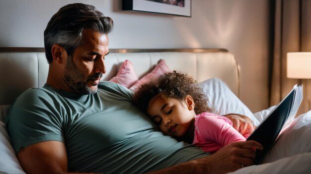 Photo man reading book to little girl on bed