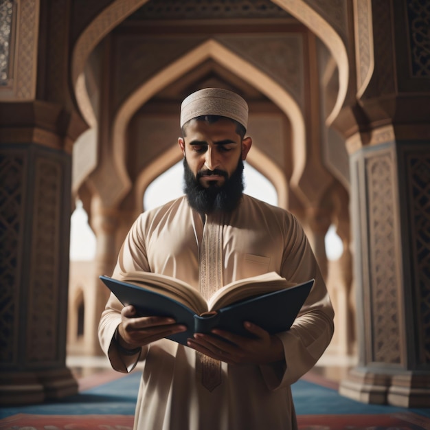 A man reading a book in a mosque.