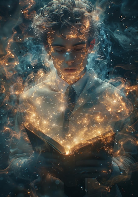 Man Reading Book Surrounded by Fire and Smoke Generative AI