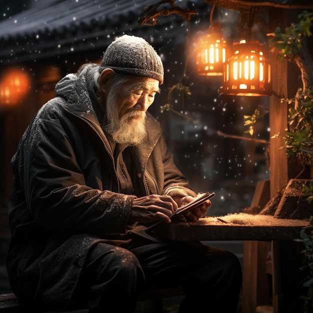 a man reading a book in a temple.