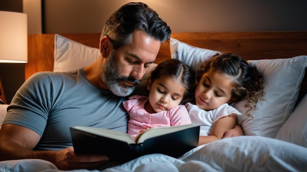 Photo man reading book to two little girls