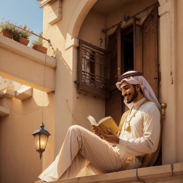 A man reading a book while sitting on a ledge.