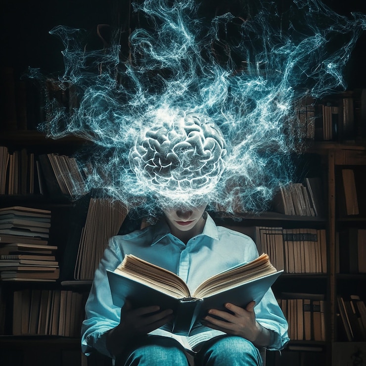 Фотография человек, читающий книгу с мозгом на лице.