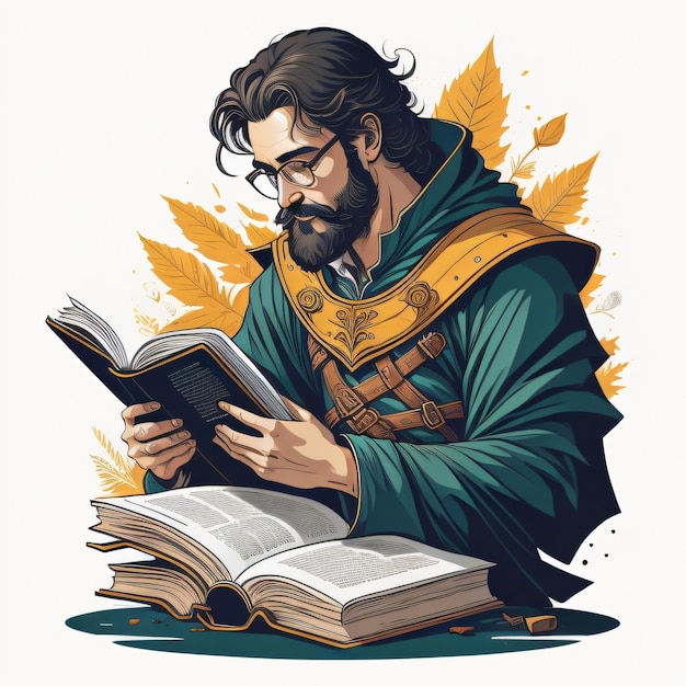 緑のマントと眼鏡をかけて本を読んでいる男性。