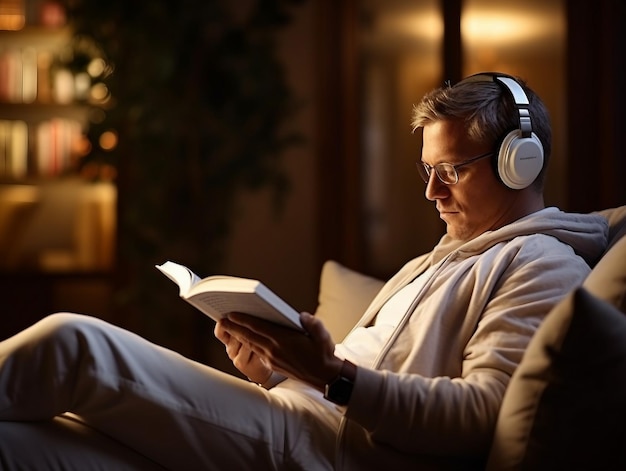 A man reading a book with headphones