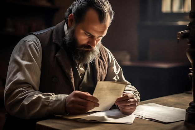 Foto uomo che legge una lettera con uno sguardo preoccupato che indica pagamenti in ritardo