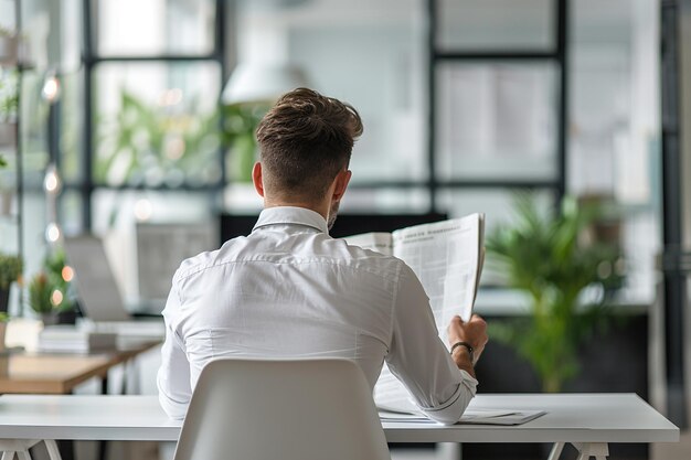 写真 オフィスで新聞を読んでいる男性