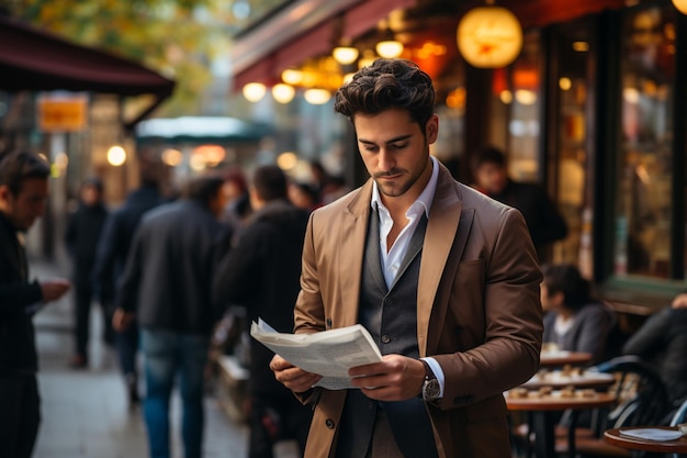 Man reading newspaper with coffee