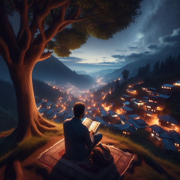 Man reading Quran under a tree on top of a mountain