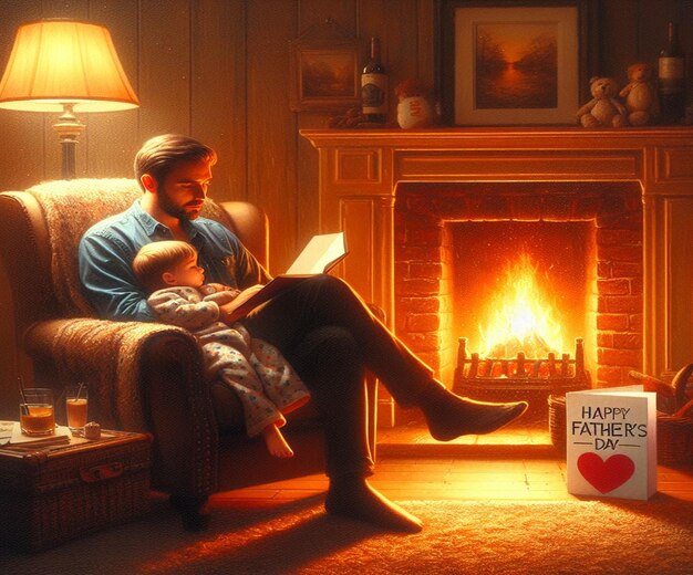 a man reads a book to a child by a fireplace