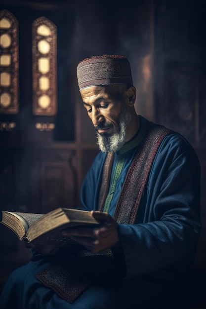 A man reads a book in a dark room.