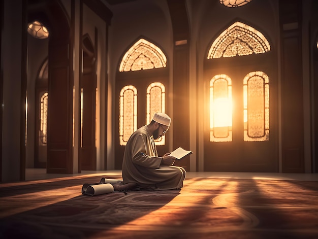 A man reads the Koran in a mosque in the morning Ai Generative