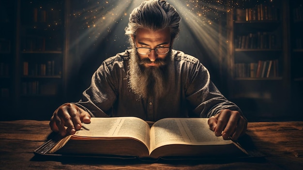 A man reads a wise religious book in an ancient library Generative AI