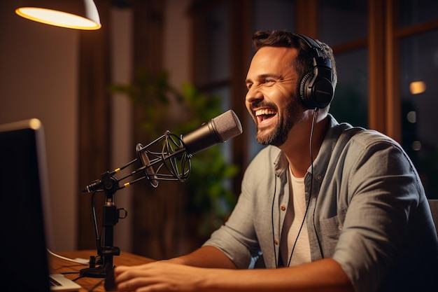 a man recording audio for a podcast on bokeh style background