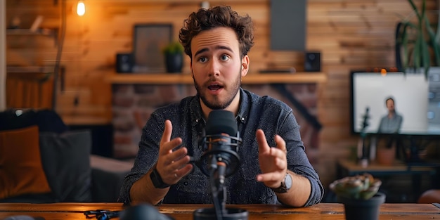 Photo a man recording a podcast or youtube video speaking into the camera showcasing authenticity in digital communication concept digital communication authenticity podcast recording youtube video