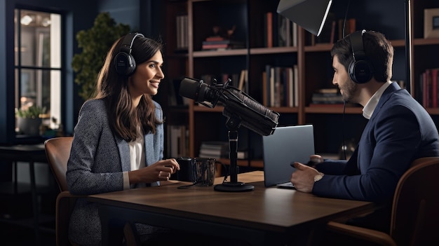 Man records a podcast with a guest in her office