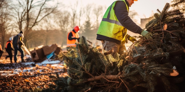 a man recycling a Christmas tree Created with generative AI technology