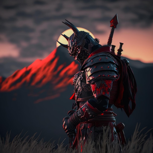 A man in a red and black armor stands in a field with a mountain in the background.