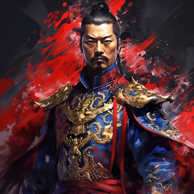 A man in a red and blue outfit holding a sword