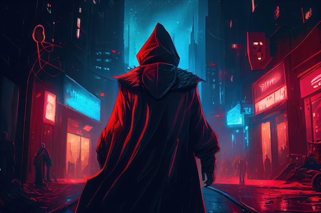 a man in a red cloak walking down a street Created with Generative Ai