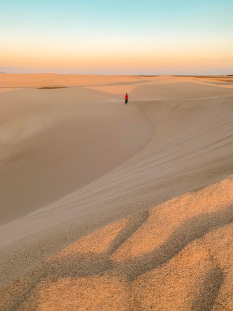 A man in red clothes lost in the desert sands