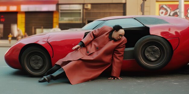 Photo a man in a red coat is leaning against a car with the number 2 on it