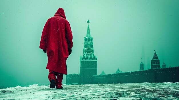 赤いコートを着た男が雪の中を歩いている