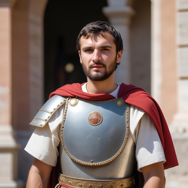 Photo a man in a red and gold armor stands in front of a building.