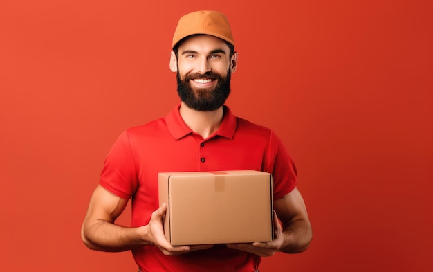 A man in a red hat holds a box of pizza.